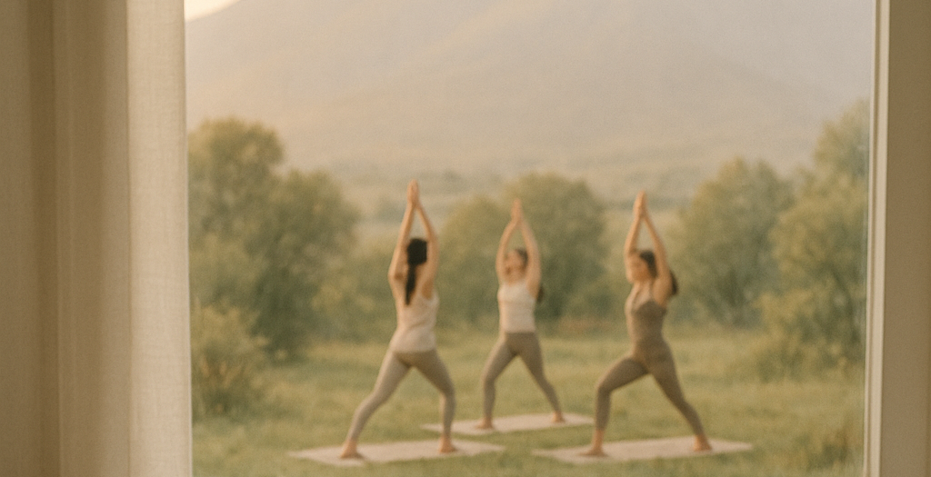 A serene view through a window showing three women practicing yoga outdoors in soft morning light, symbolizing clarity and presence in teaching.