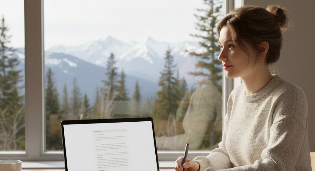 A calm minimal desk with a notebook titled Consulting Frameworks, a laptop, and soft natural light, symbolizing clarity and structured thinking for consultants.
