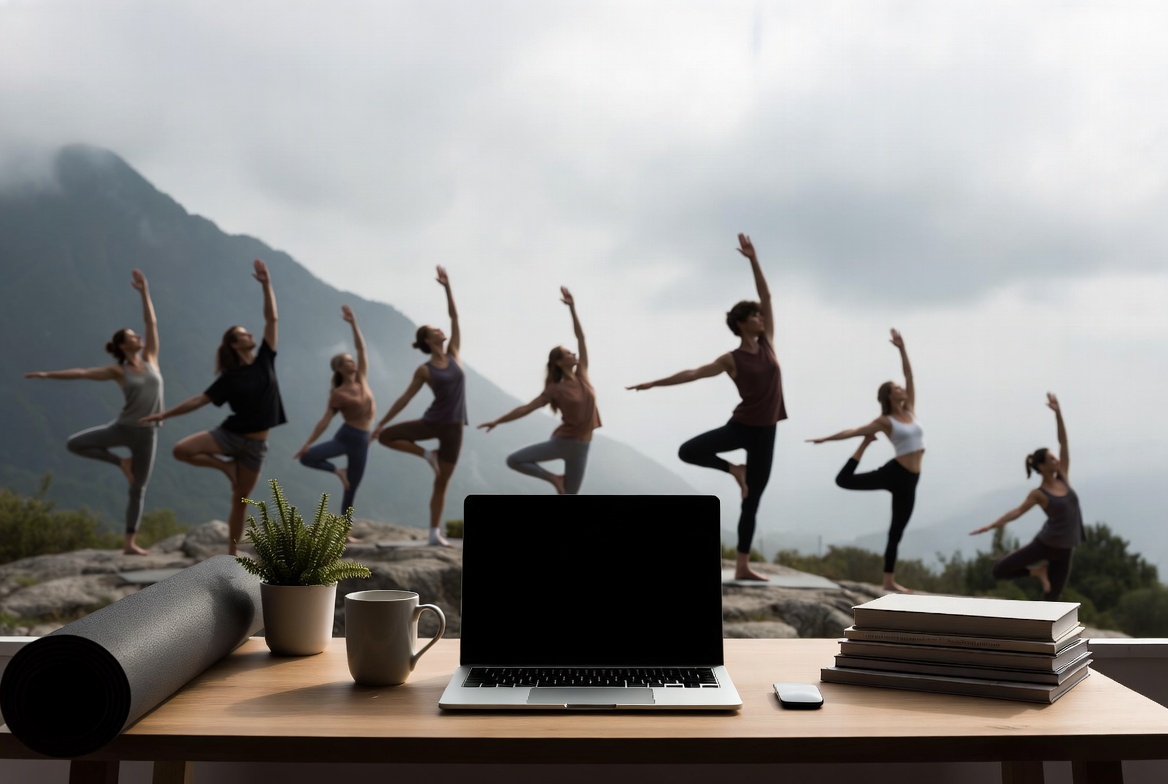 A yoga class practicing outdoors in a mountain setting, viewed from a desk with a laptop, yoga mat, books, and a cup placed in the foreground.